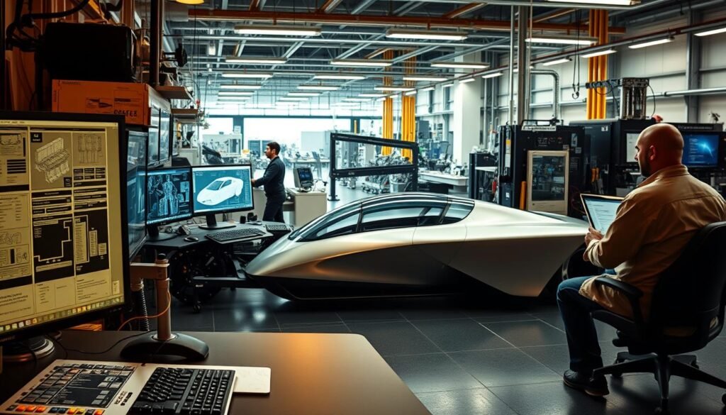 A cutting-edge automotive research and development facility, with engineers diligently working on the latest technological innovations. In the foreground, an array of computer monitors display intricate schematics and simulations, illuminating the complex processes behind vehicle design. The middle ground features a sleek, futuristic prototype vehicle, its smooth contours and advanced aerodynamics hinting at the breakthroughs yet to come. In the background, a vast, well-equipped laboratory filled with state-of-the-art equipment and tools, all working in harmony to push the boundaries of automotive engineering. The scene is bathed in a warm, dynamic lighting, conveying a sense of energy, progress, and the relentless pursuit of innovation.