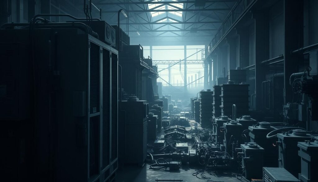 A dimly lit industrial warehouse with towering piles of batteries, power converters, and electrical equipment. The scene is shrouded in a hazy, moody atmosphere, casting long shadows across the cluttered space. In the foreground, a large energy storage unit dominates the frame, its intricate wiring and cooling systems hinting at the complex challenges of integrating renewable energy into the grid. The middle ground is filled with a tangle of pipes, valves, and mechanical components, suggesting the technical obstacles to upgrading and modernizing energy infrastructure. In the background, the faint outline of a power plant or substation can be seen, a reminder of the entrenched fossil fuel-based systems that impede the transition to clean energy. The overall tone is one of industrial complexity and the daunting scale of the challenges facing the energy sector.