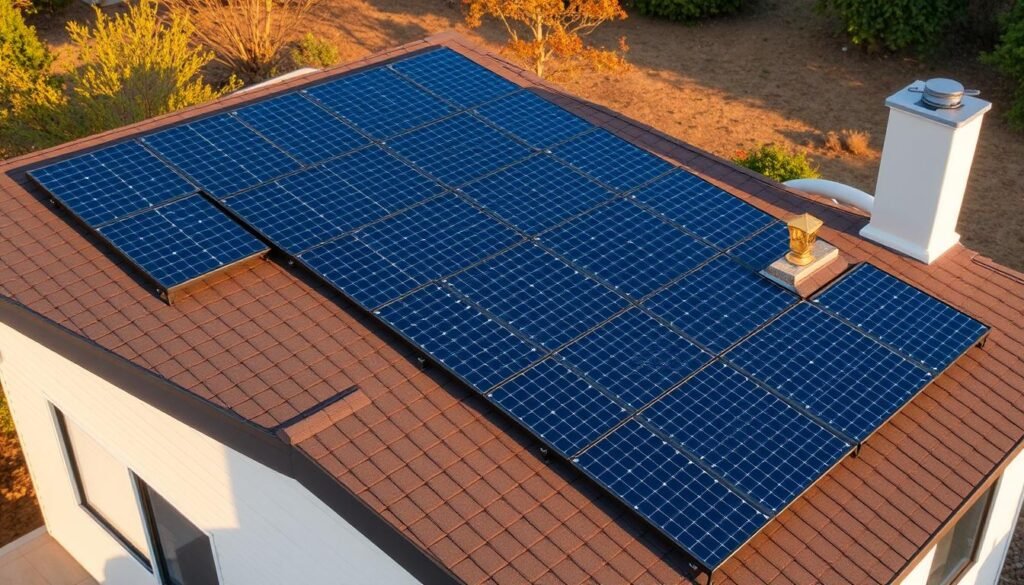 A sleek, modern solar roof system, its panels seamlessly integrated into the architectural design of a residential home. The array is positioned to capture maximum sunlight, with a crisp, angular layout that suggests efficiency and technological sophistication. Warm rays illuminate the rooftop, casting subtle shadows that accentuate the panel's intricate geometry. The surrounding environment is minimalist, allowing the solar installation to be the focal point, showcasing its potential to harness renewable energy for the home. The overall impression is one of innovation, sustainability, and a future-forward approach to energy solutions.