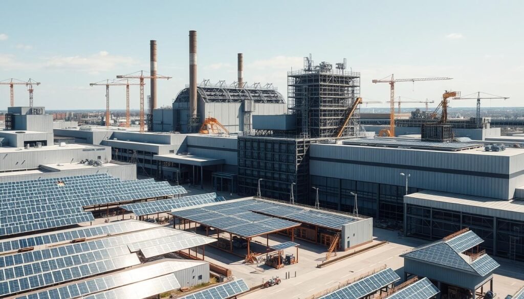 A vast industrial complex, the Peugeot Sochaux plant in 2022, undergoing a dramatic transformation. Sleek, modern structures rise amidst the factory's weathered facades, as towering cranes and scaffolding dominate the skyline. Rows of solar panels glisten in the sunlight, harnessing renewable energy to power the production of the latest Peugeot models. The scene exudes a sense of progress and technological innovation, with clean lines, sharp angles, and a palette of greys, blues, and reflective metals. A striking juxtaposition of old and new, this is the "Sochaux 2022" modernisation - a bold step towards a sustainable automotive future.