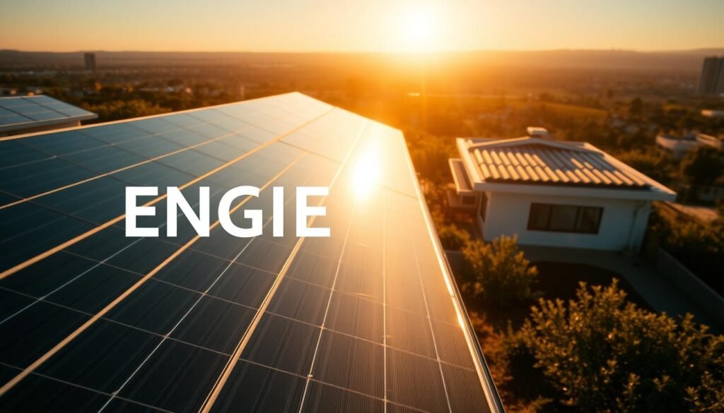 A vibrant solar partnership in a sunlit landscape. In the foreground, the ENGIE logo stands out against a backdrop of sleek solar panels, their surfaces gleaming in the warm glow of the sun. In the middle ground, a modern residential building with solar roof tiles blends seamlessly into the scene. The background features a cityscape, hinting at the urban context of this renewable energy collaboration. The lighting is soft and natural, casting long shadows that add depth and dimension to the composition. The overall mood is one of innovation, sustainability, and a shared commitment to a brighter, greener future.