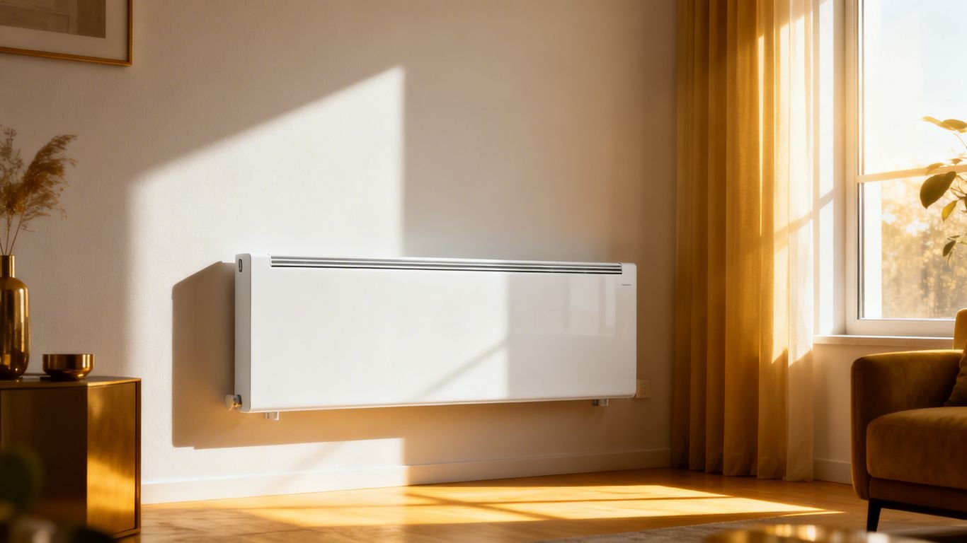 Radiateur électrique blanc dans un salon moderne, lumière du soleil.