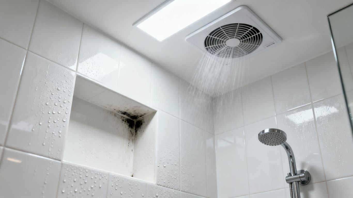 Salle de bain propre avec VMC et traces de moisissure.