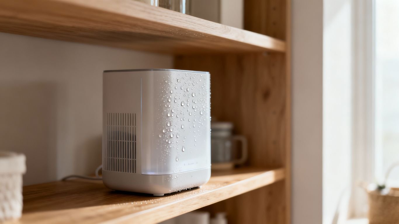 Absorbeur d'humidité sur une étagère en bois.