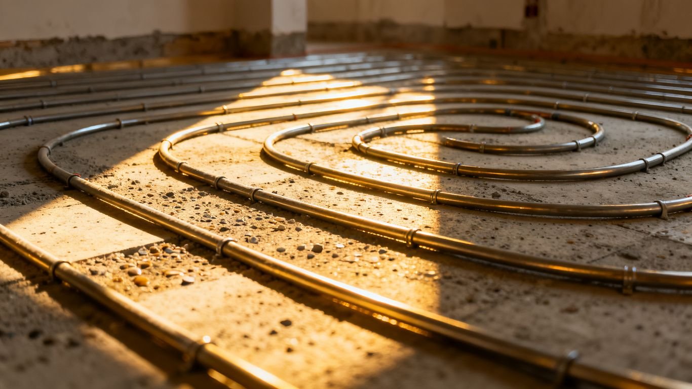 Tuyaux de chauffage au sol dans un sol en béton.